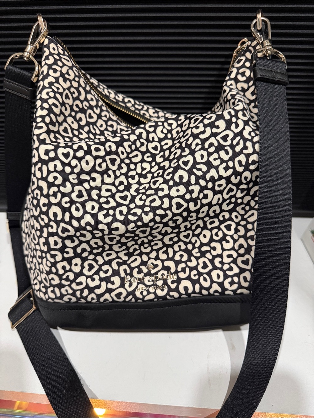 Kate Spade Shelsea Black and White Leopard-Print Hobo Bag crossbody shoulder
